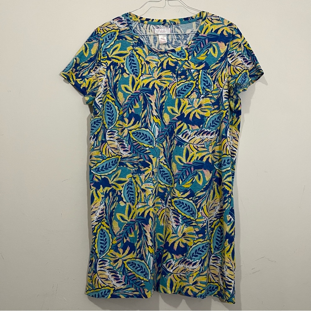 Stella Parker Women's XXL Blue Floral Shift Dress Short Sleeve Cotton Vacation